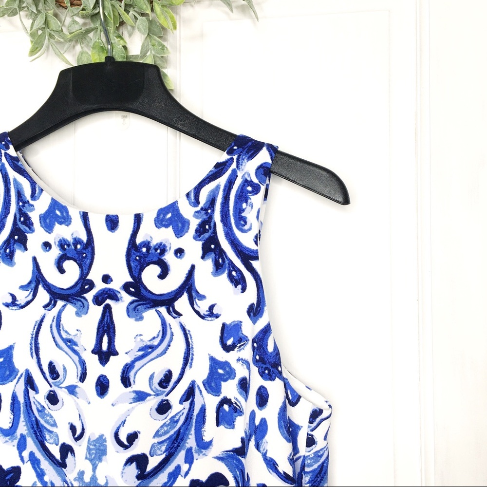 LRL Blue + White Damask Formal Cocktail Dress - Picture 3 of 8